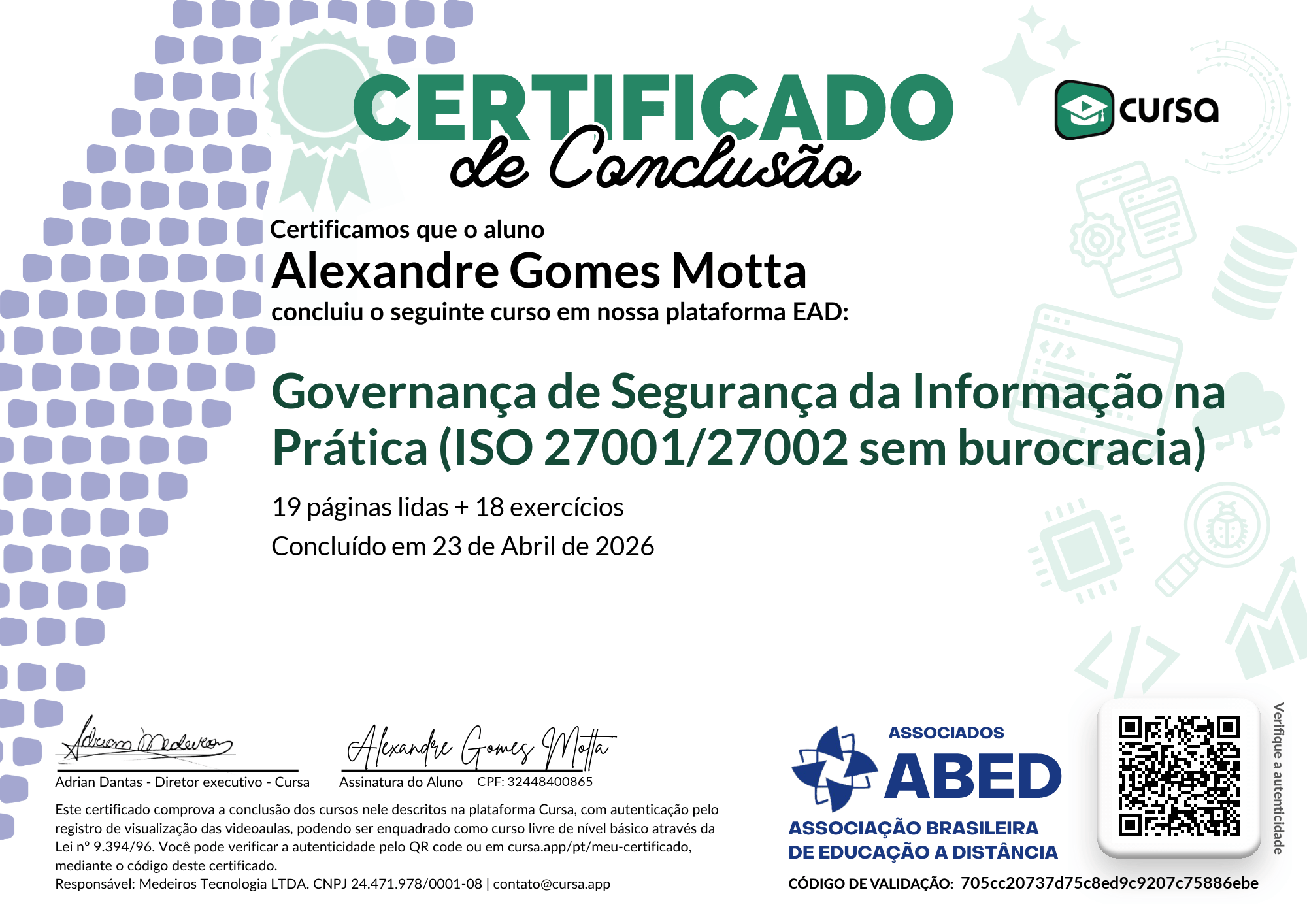Imagem do meu Certificado gratuito de conclusão de curso.