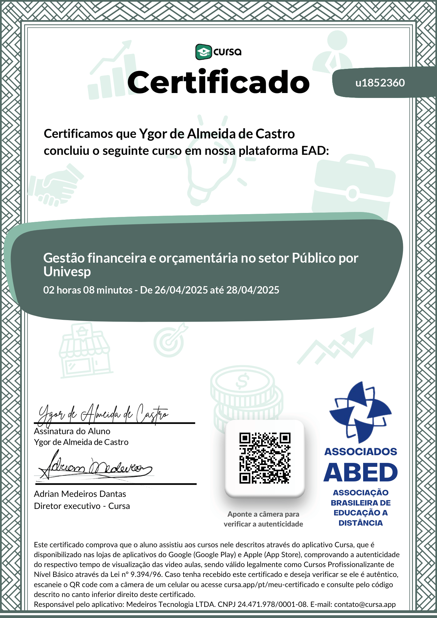 Imagem do meu Certificado gratuito de conclusão de curso.
