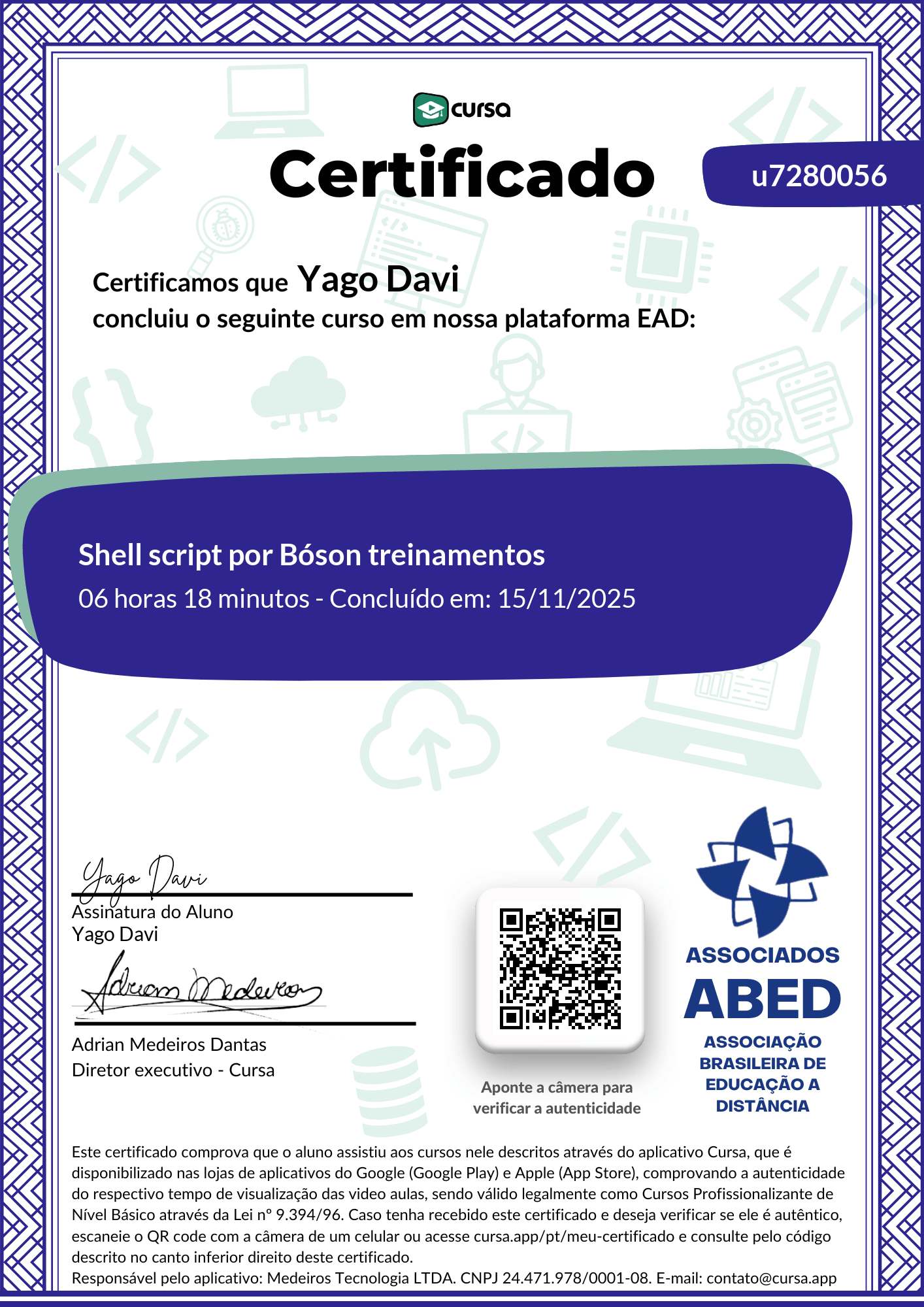 Imagem do meu Certificado gratuito de conclusão de curso.