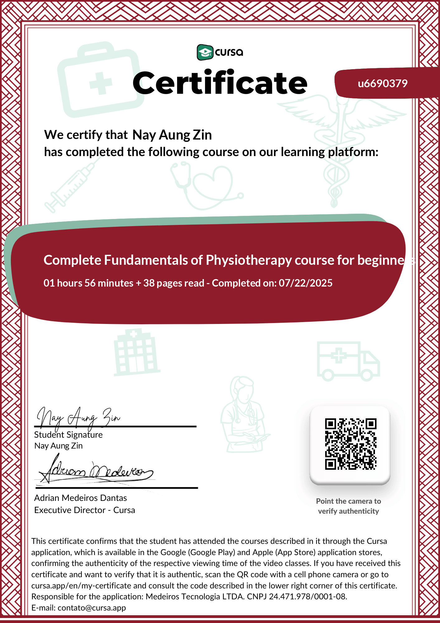 Image of my free Course Completion Certificate.