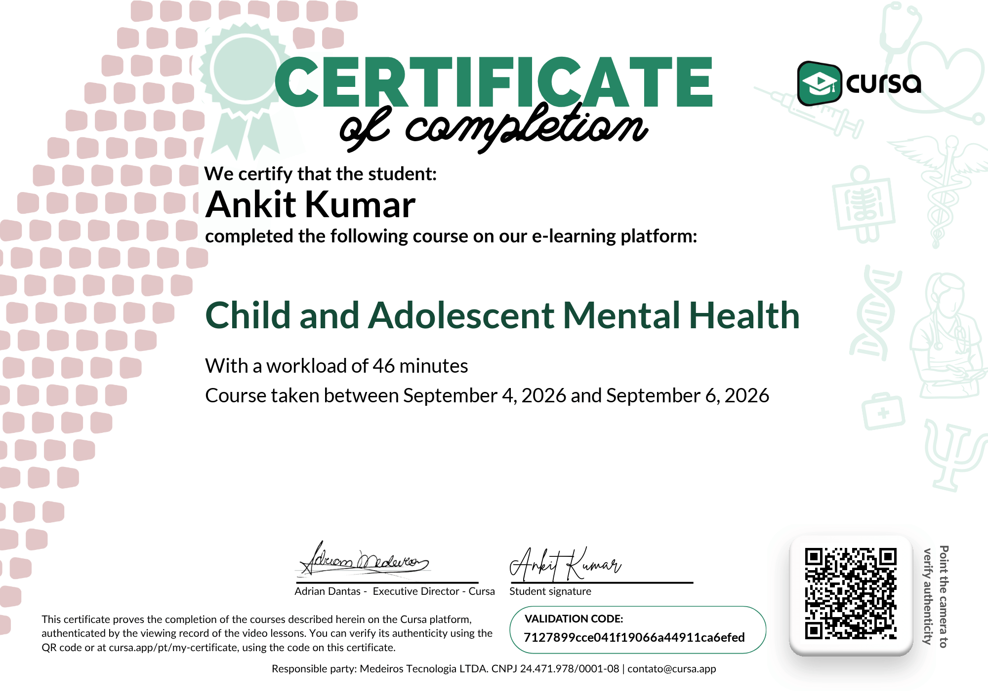 Image of my free Course Completion Certificate.