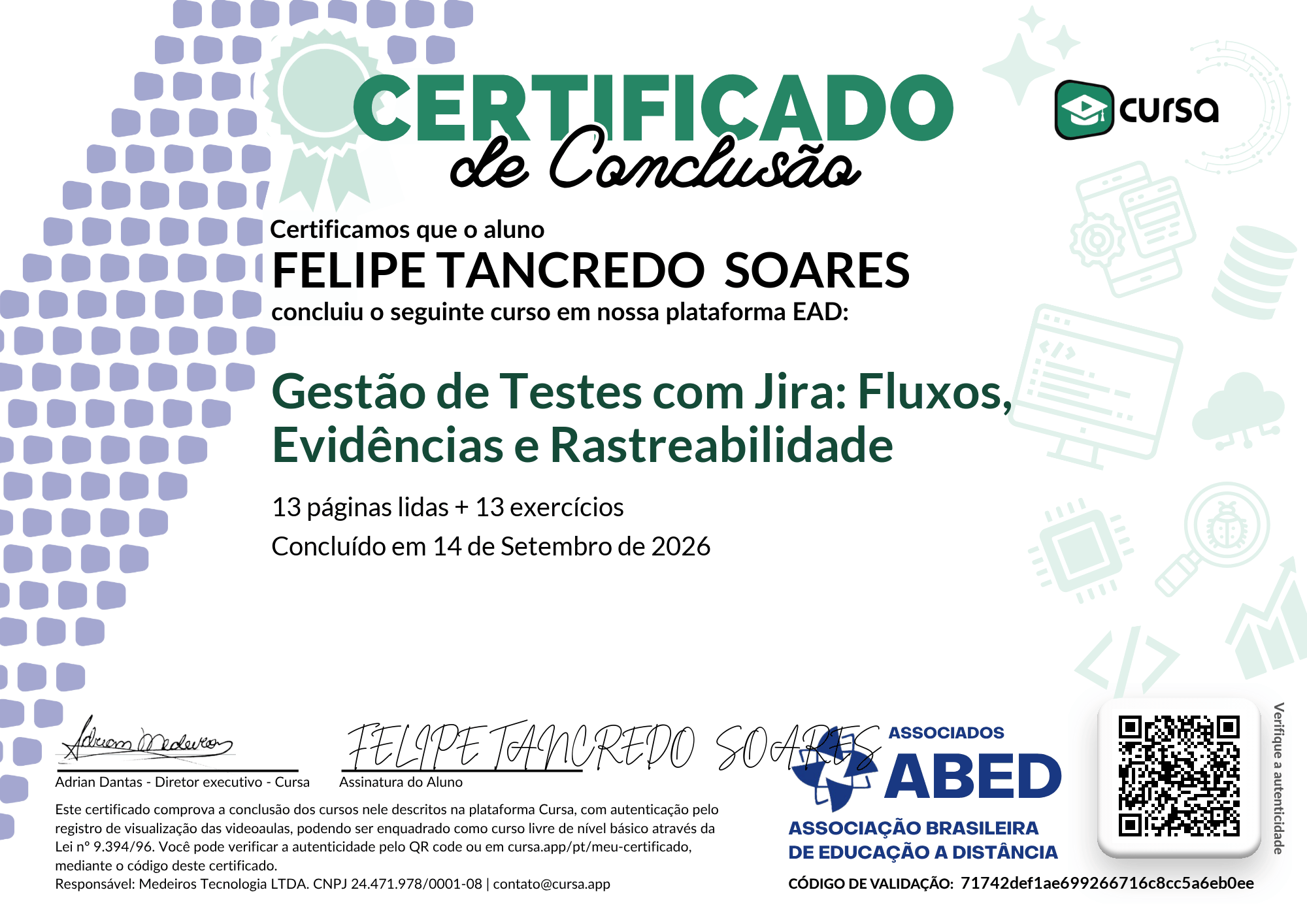 Imagem do meu Certificado gratuito de conclusão de curso.