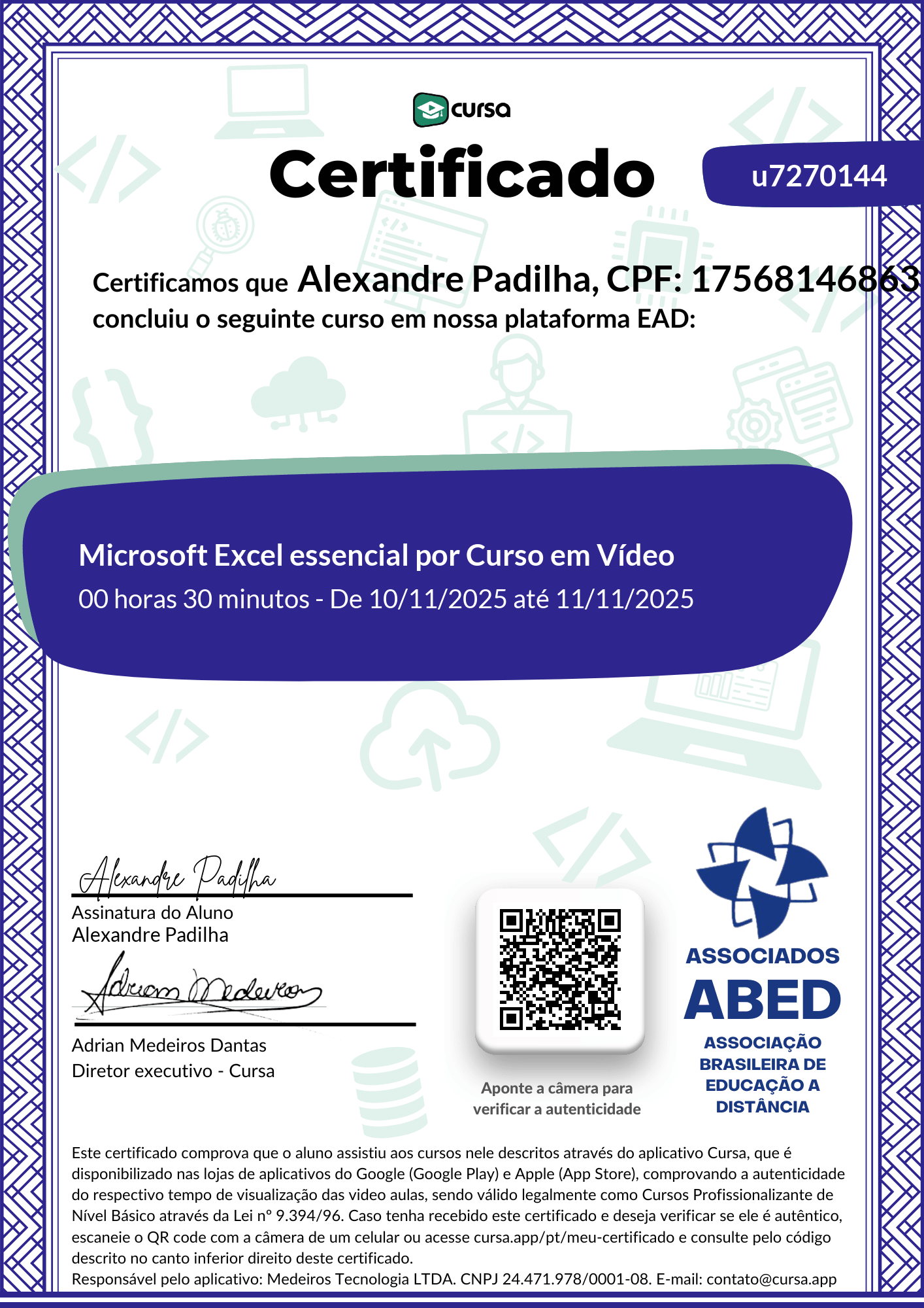 Imagem do meu Certificado gratuito de conclusão de curso.