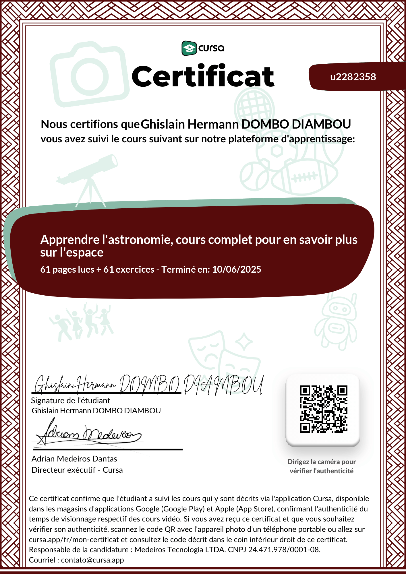 Image de mon certificat de fin de cours gratuit.