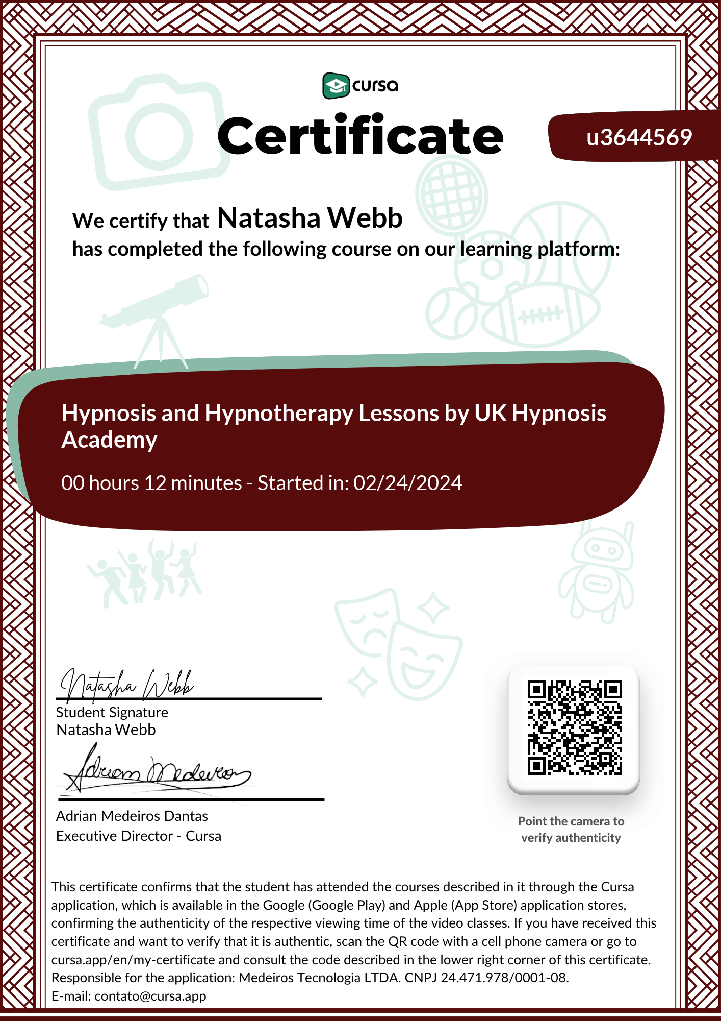 Image of my free Course Completion Certificate.