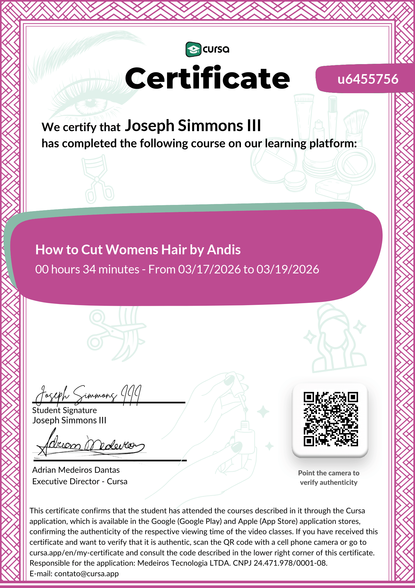 Image of my free Course Completion Certificate.