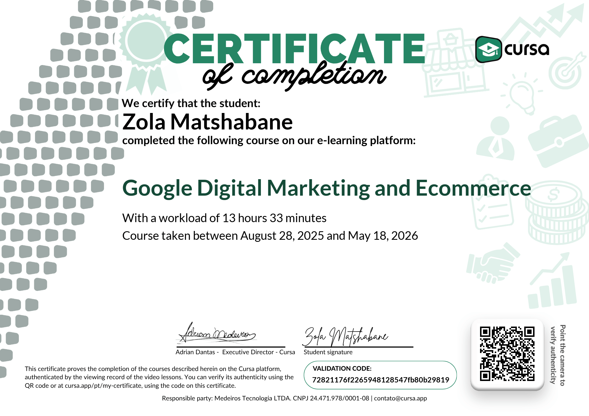 Image of my free Course Completion Certificate.