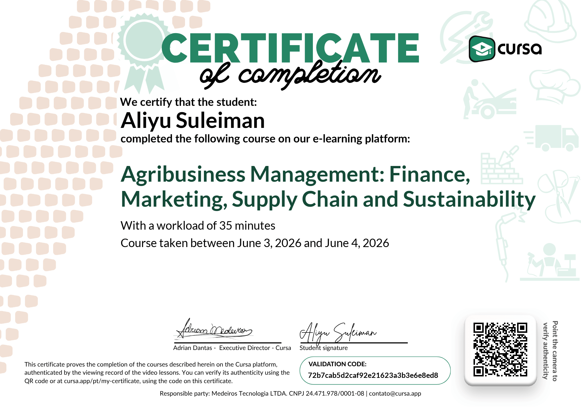 Image of my free Course Completion Certificate.
