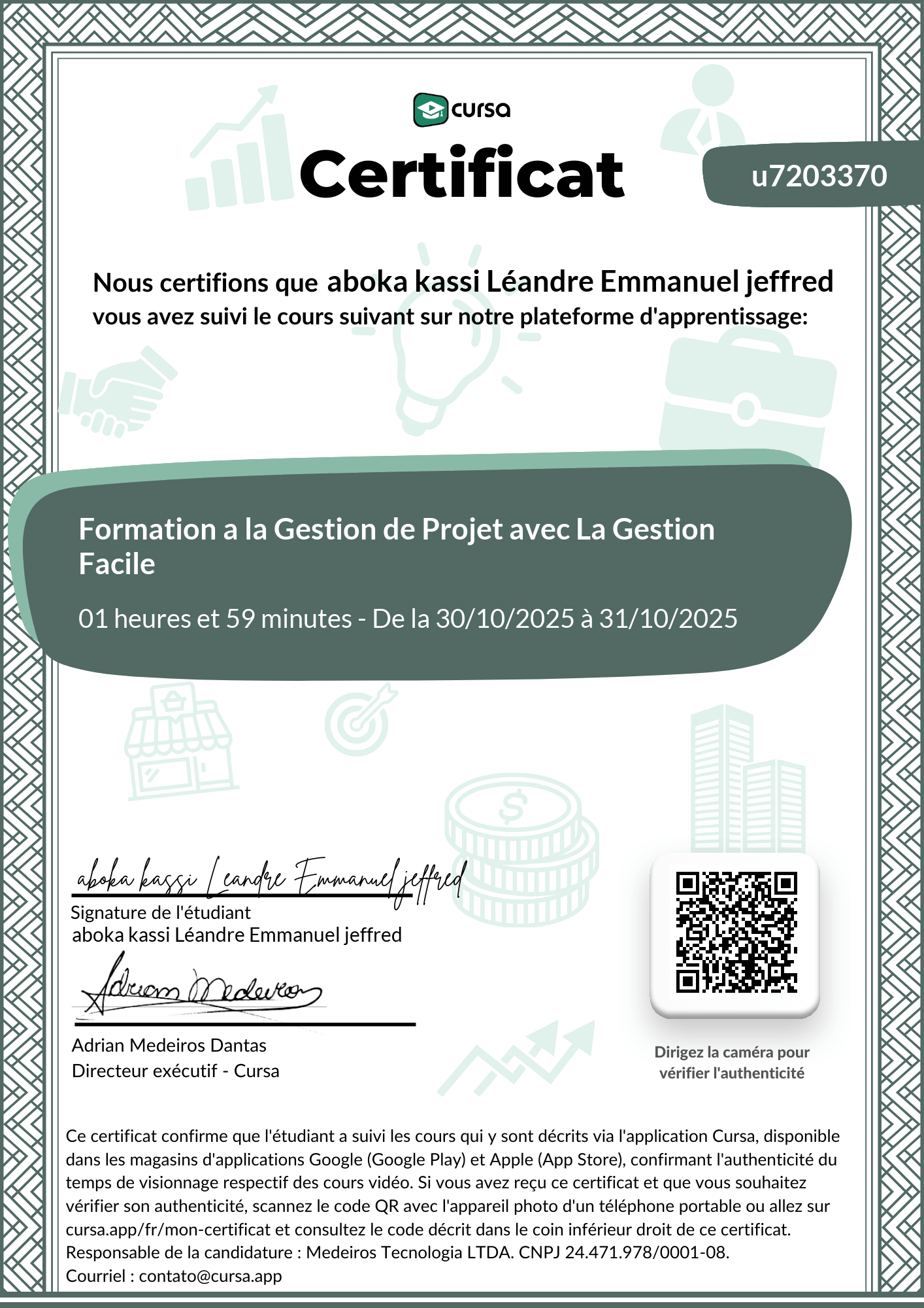 Image de mon certificat de fin de cours gratuit.