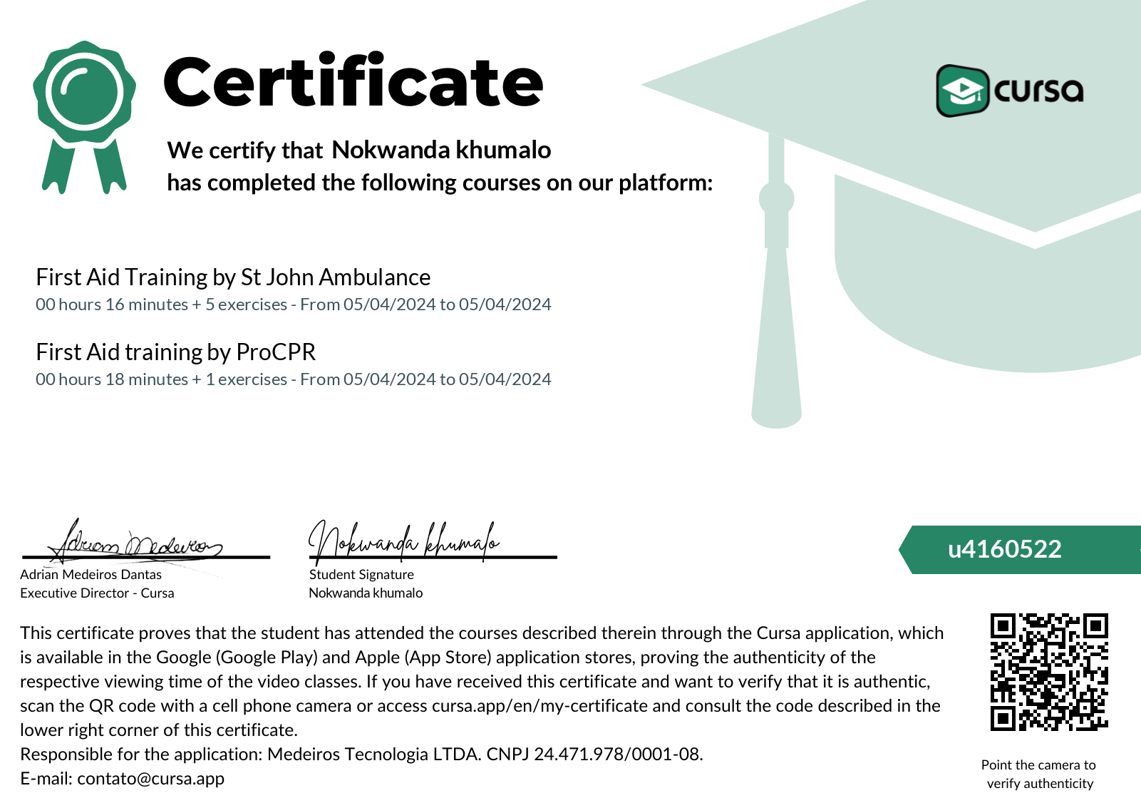 My certificate on Cursa! | Cursa: Free Online Courses + Free Certificate