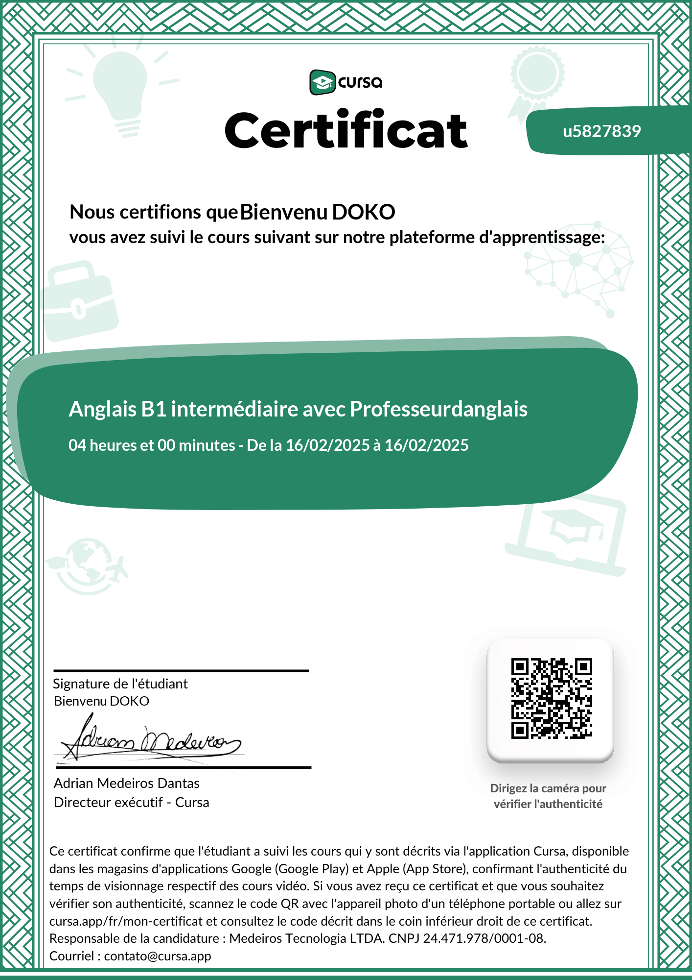 Image de mon certificat de fin de cours gratuit.