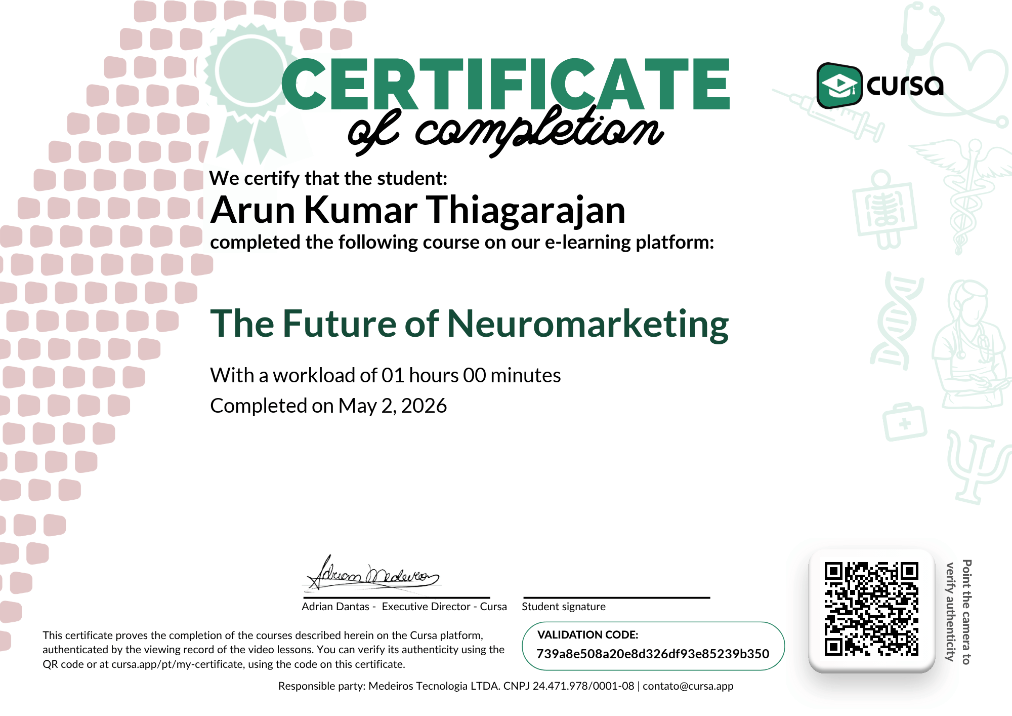 Image of my free Course Completion Certificate.