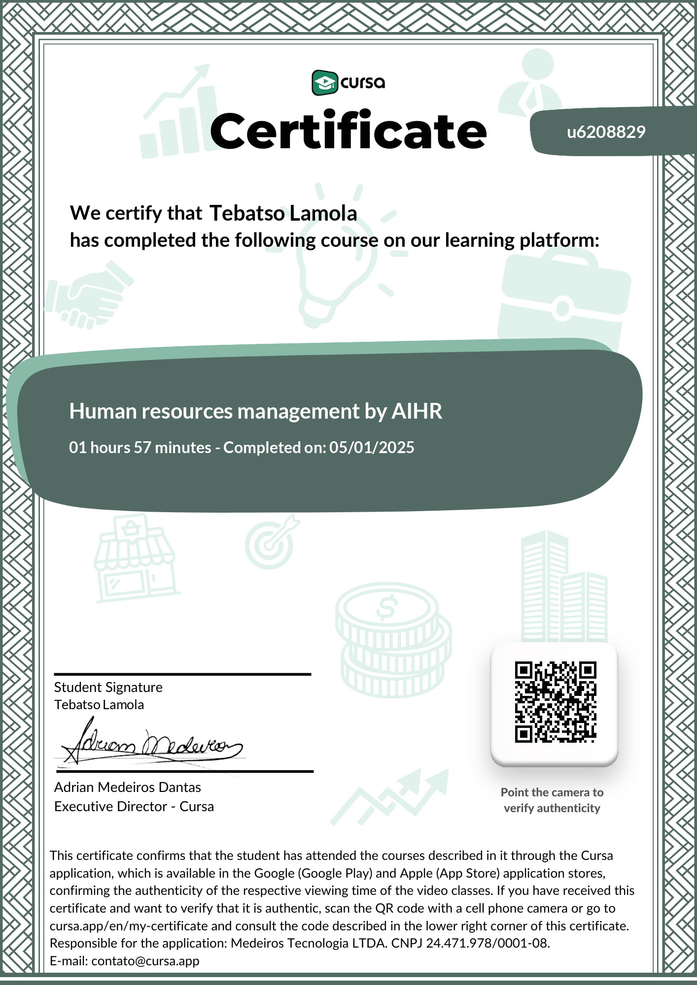 Image of my free Course Completion Certificate.
