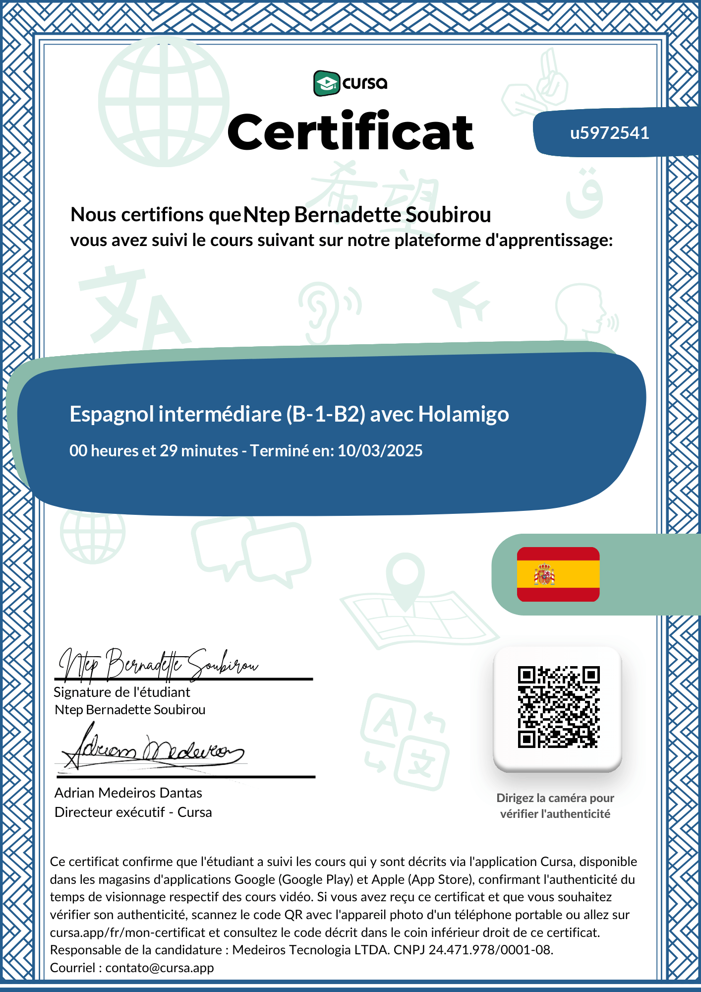 Image de mon certificat de fin de cours gratuit.