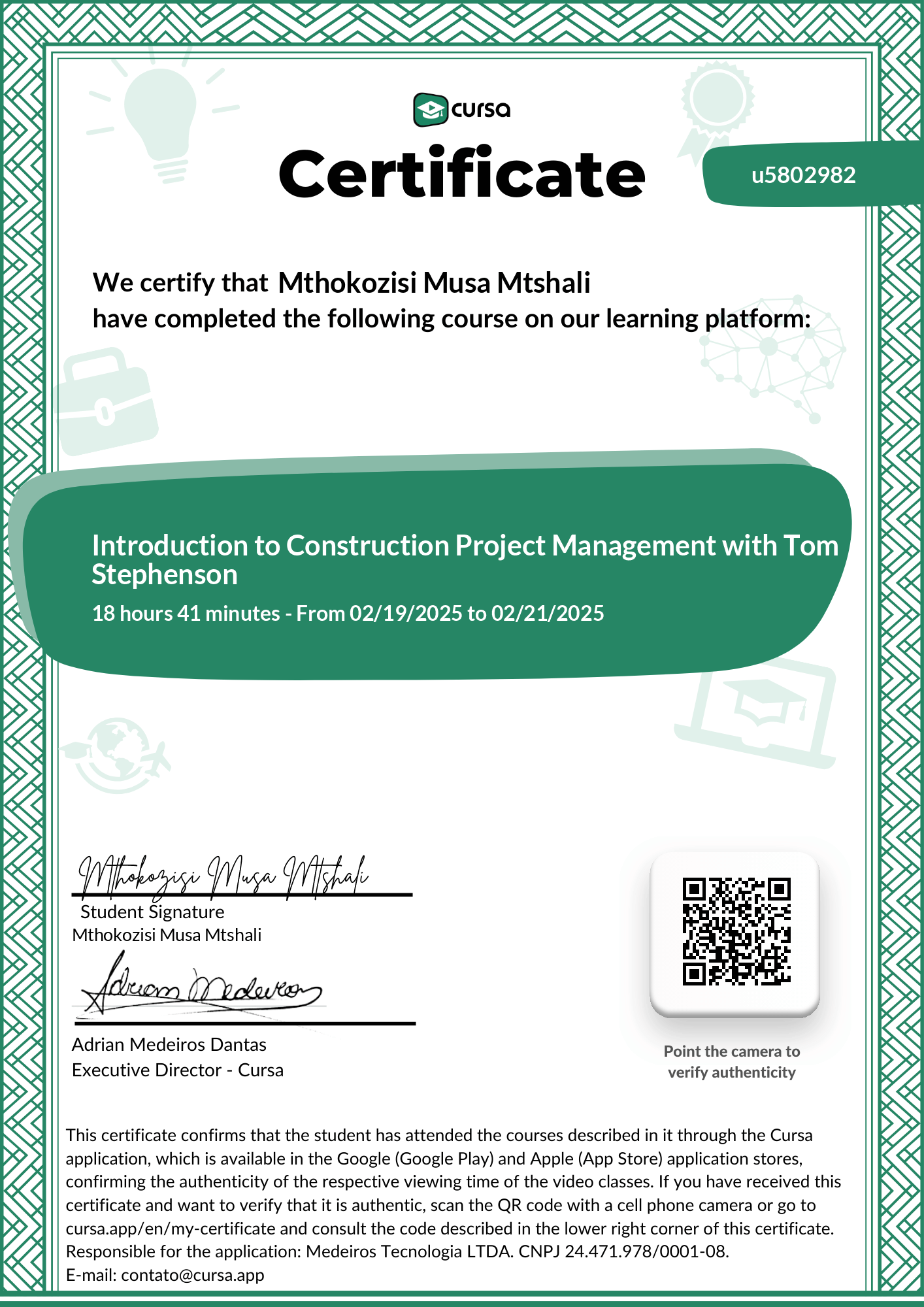 Image of my free Course Completion Certificate.