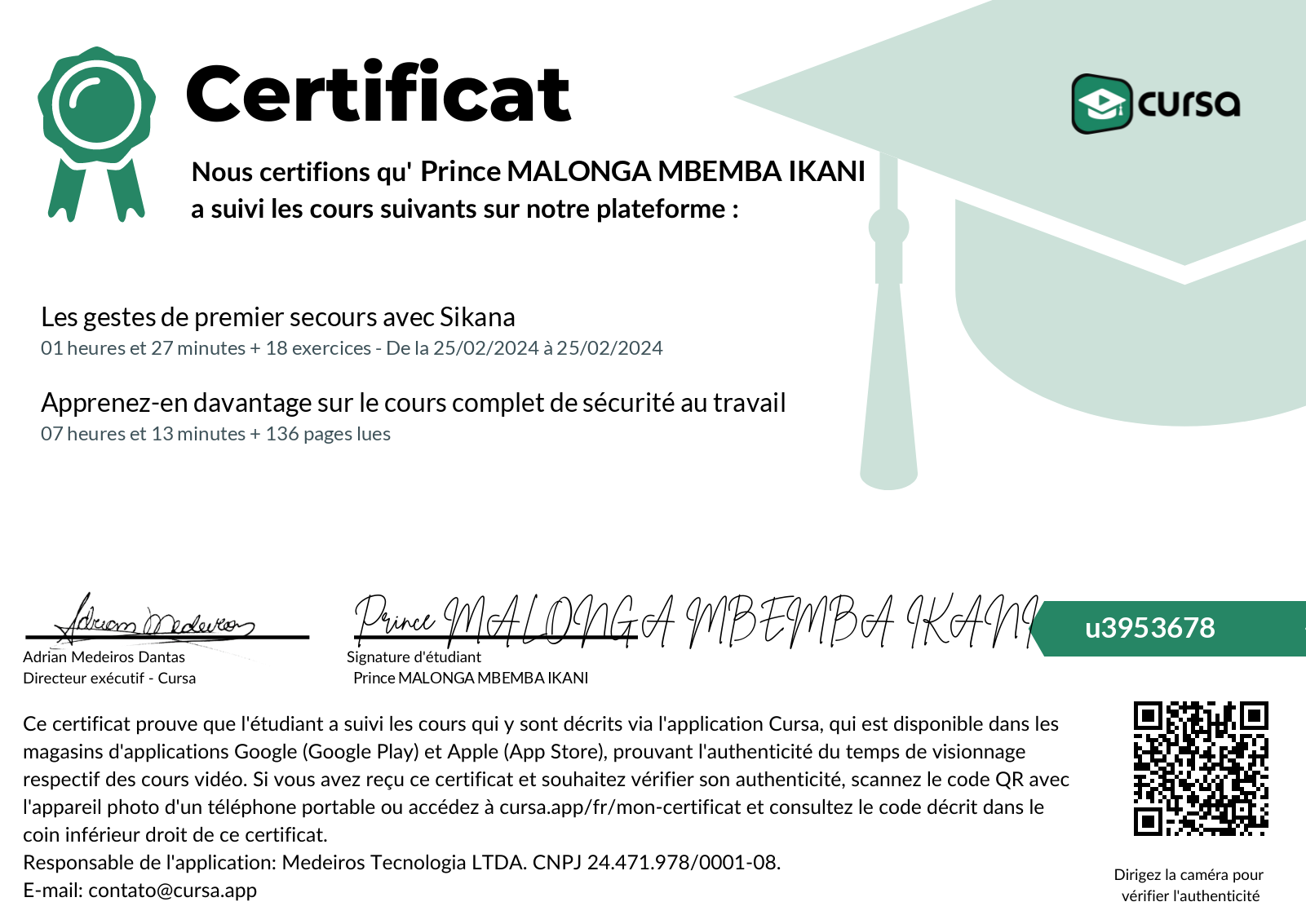 Image de mon certificat de fin de cours gratuit.