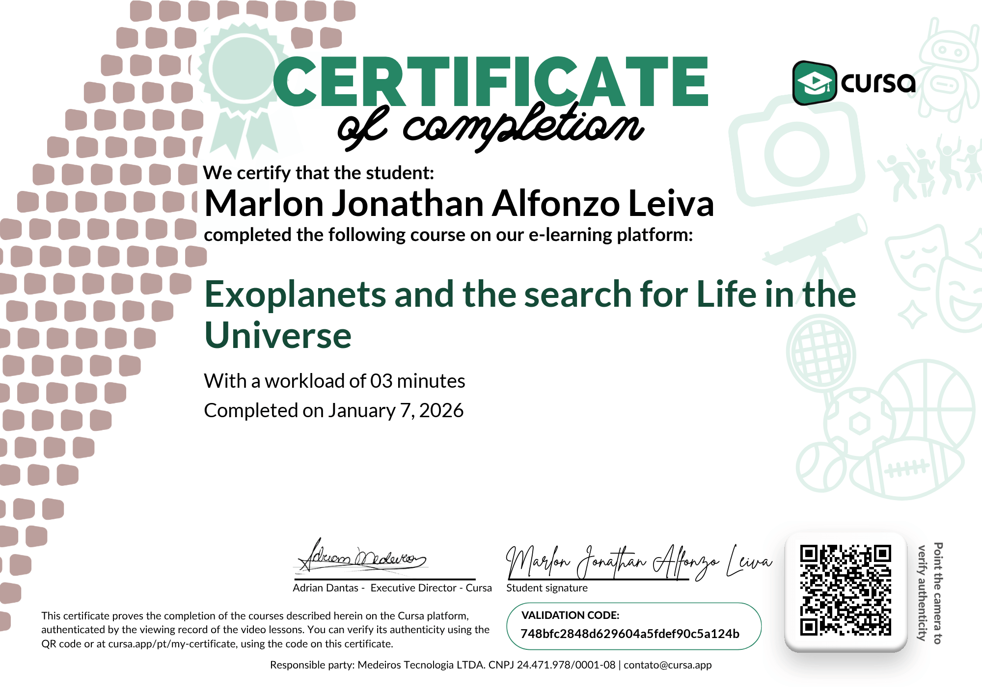 Image of my free Course Completion Certificate.