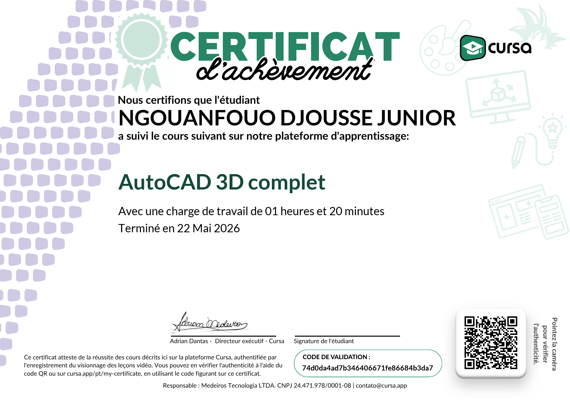 Image de mon certificat de fin de cours gratuit.