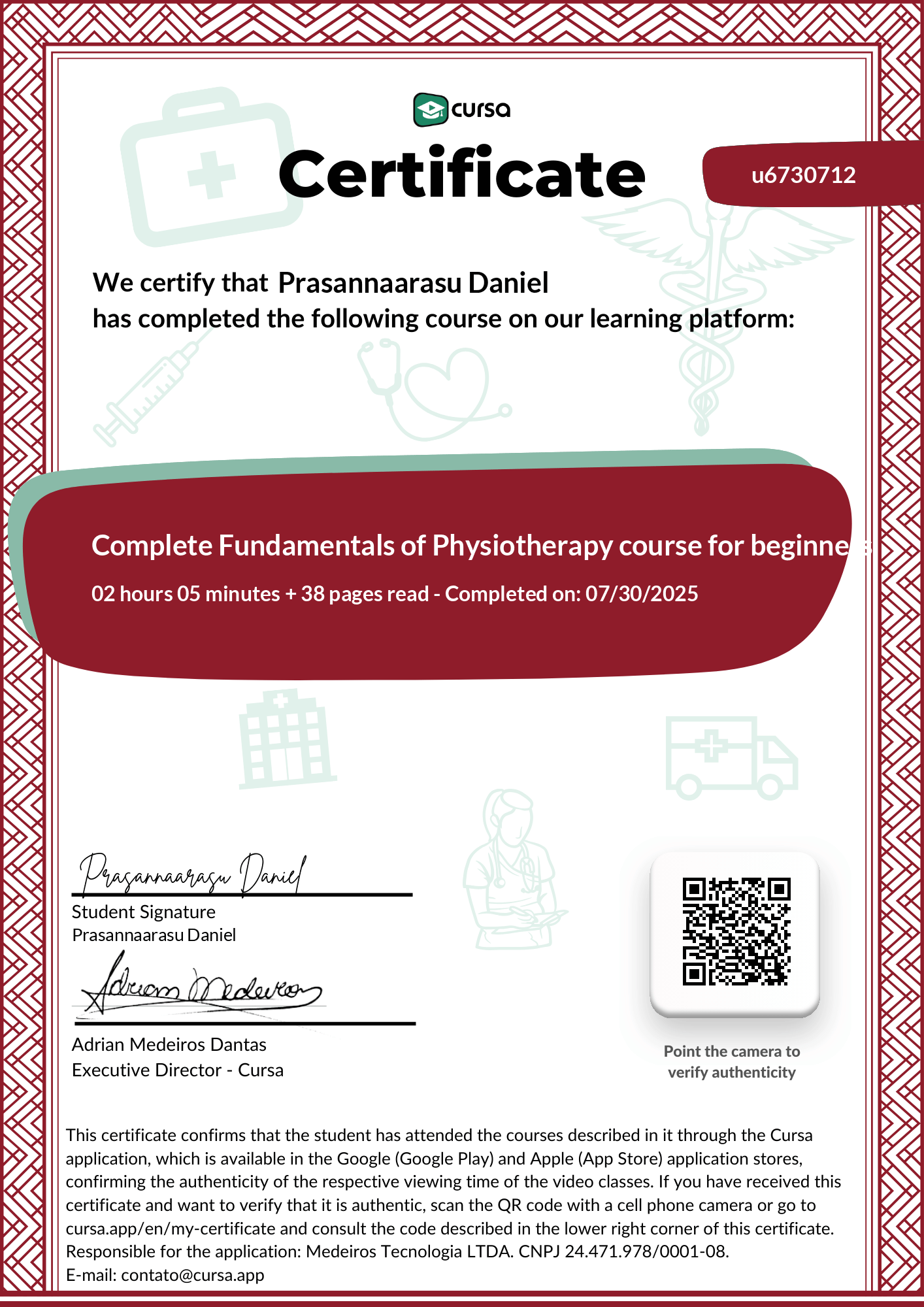 Image of my free Course Completion Certificate.