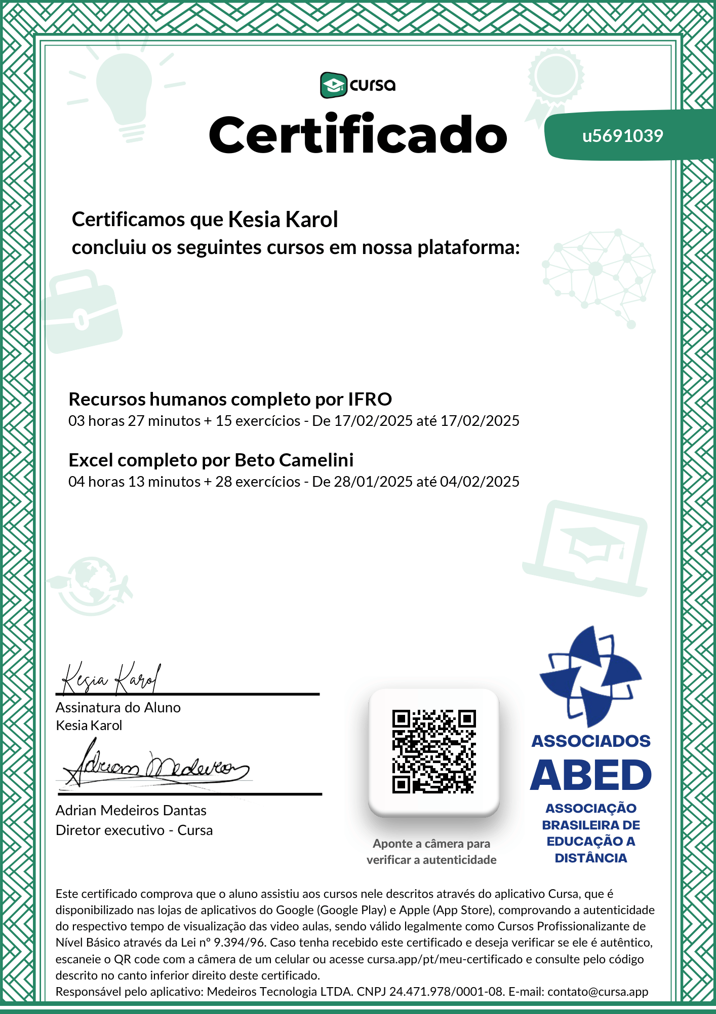 Imagem do meu Certificado gratuito de conclusão de curso.