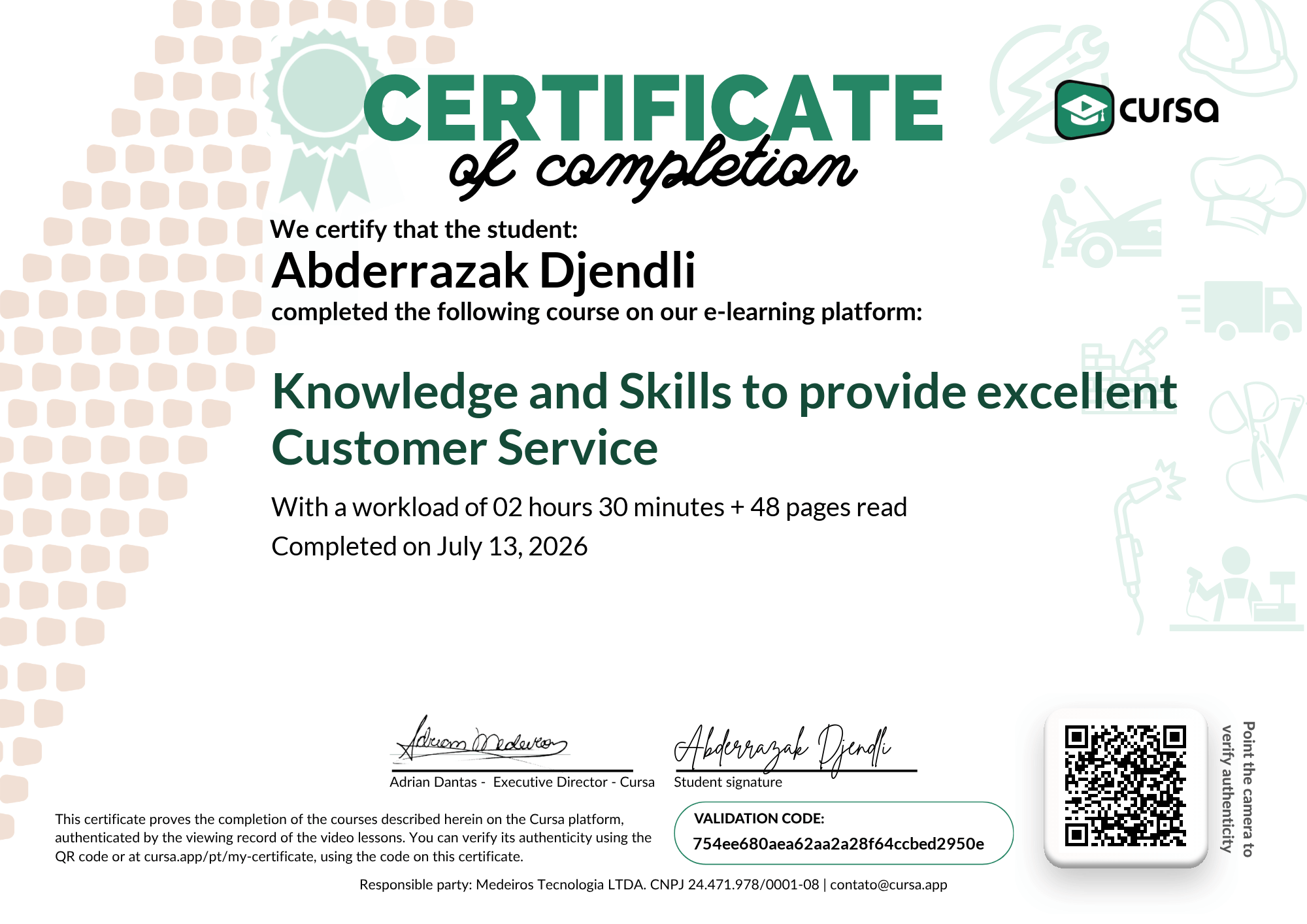 Image of my free Course Completion Certificate.