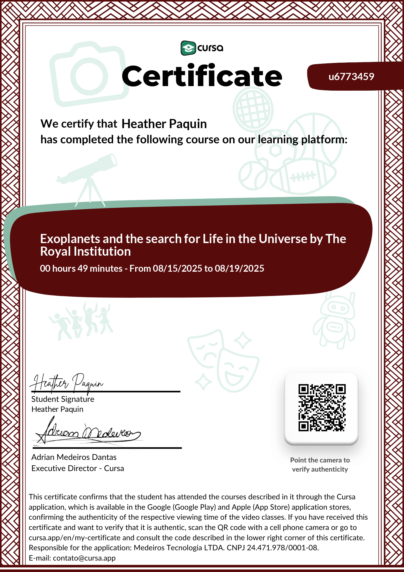 Image of my free Course Completion Certificate.