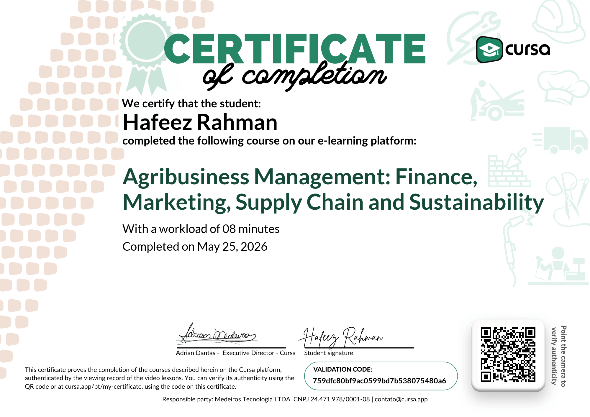 Image of my free Course Completion Certificate.