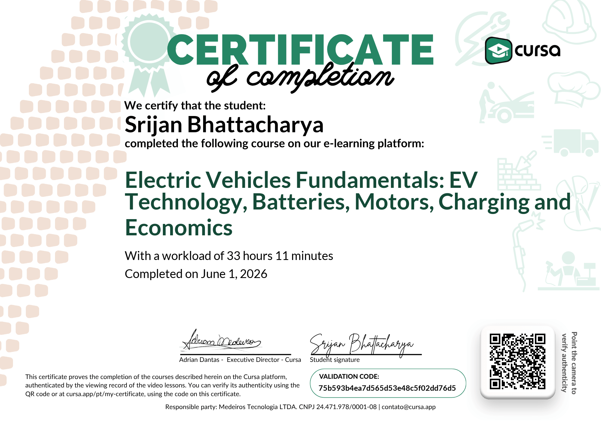 Image of my free Course Completion Certificate.