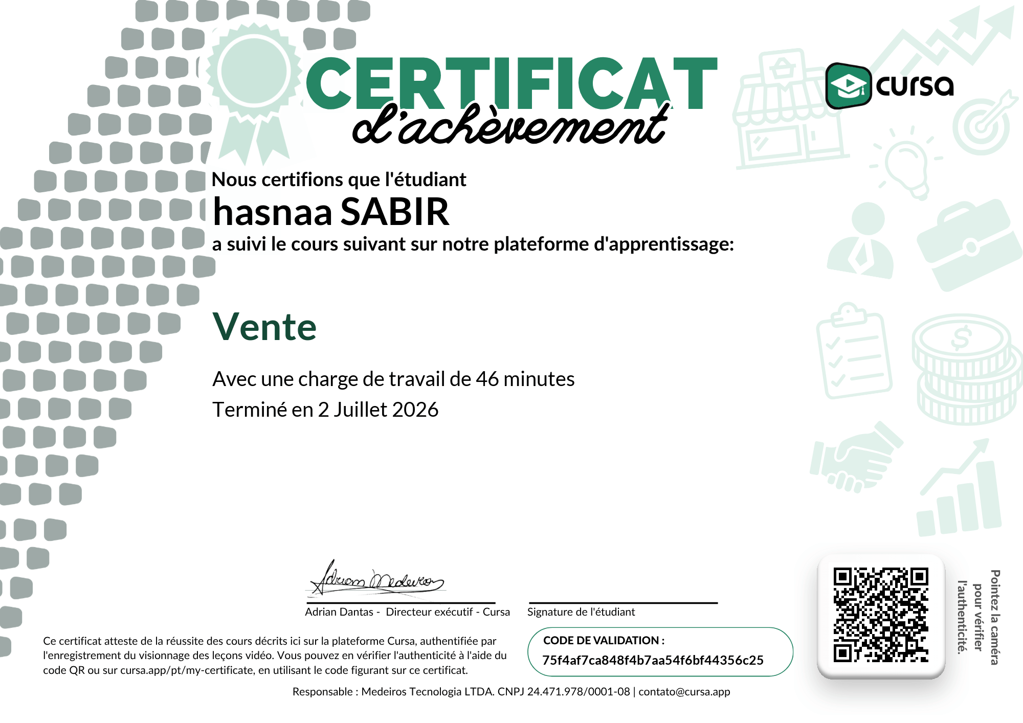 Image de mon certificat de fin de cours gratuit.