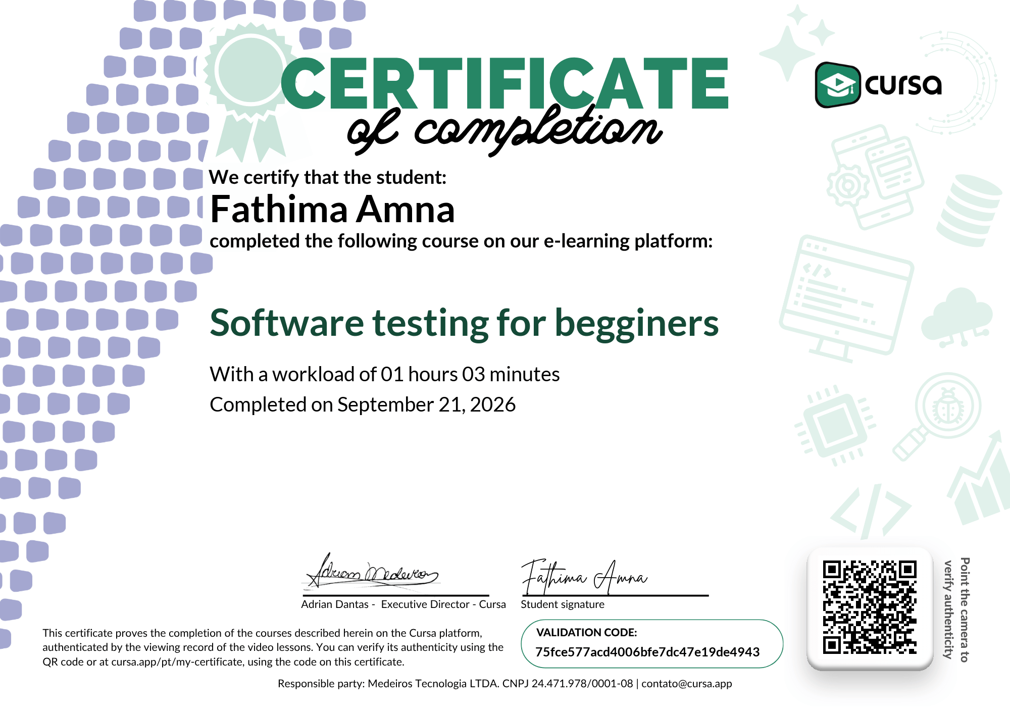 Image of my free Course Completion Certificate.