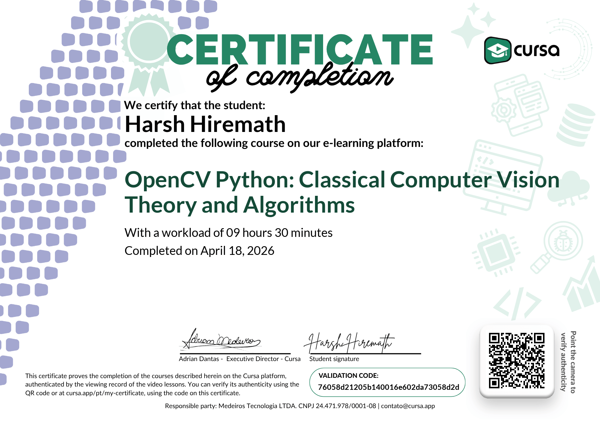 Image of my free Course Completion Certificate.