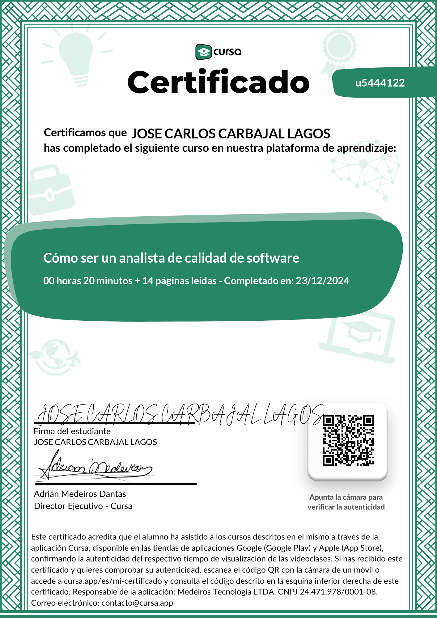 Imagen de mi Certificado de finalización del curso gratuito.