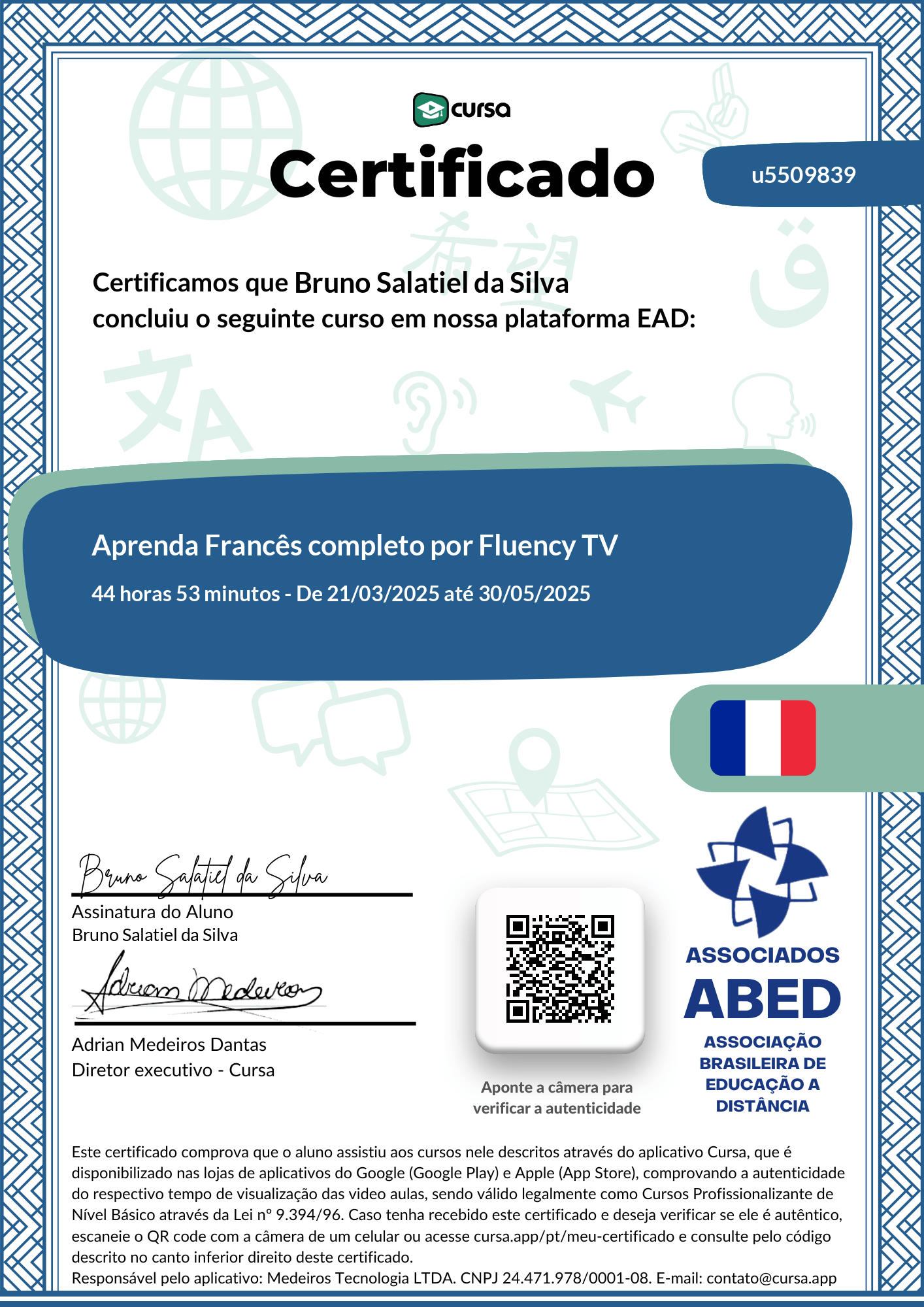 Imagem do meu Certificado gratuito de conclusão de curso.