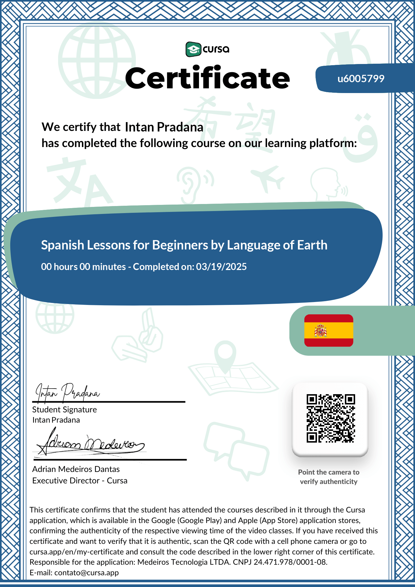 Image of my free Course Completion Certificate.