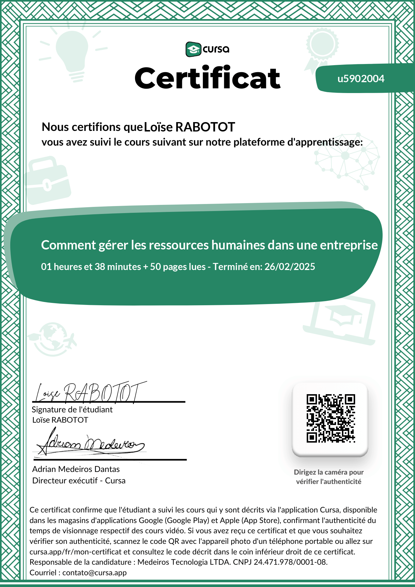 Image de mon certificat de fin de cours gratuit.