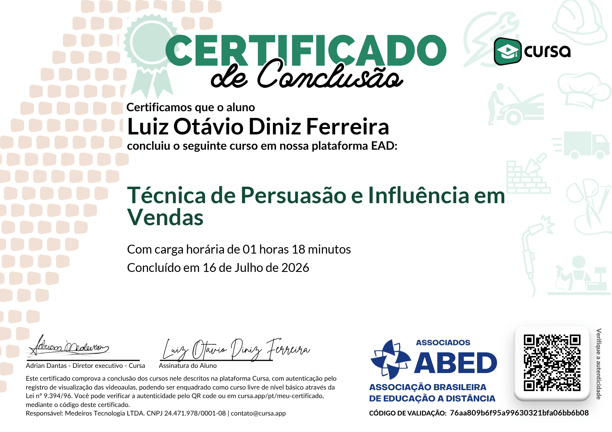 Imagem do meu Certificado gratuito de conclusão de curso.