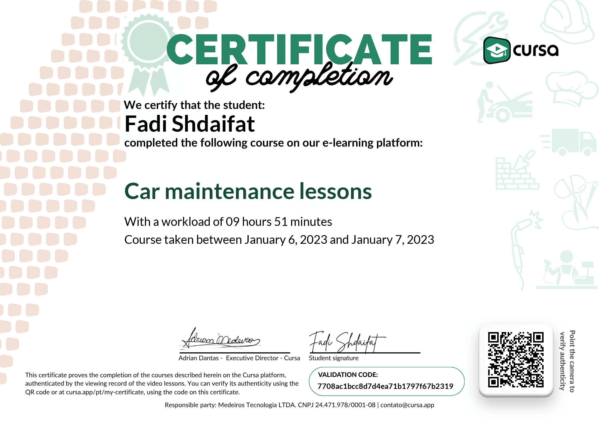 Image of my free Course Completion Certificate.
