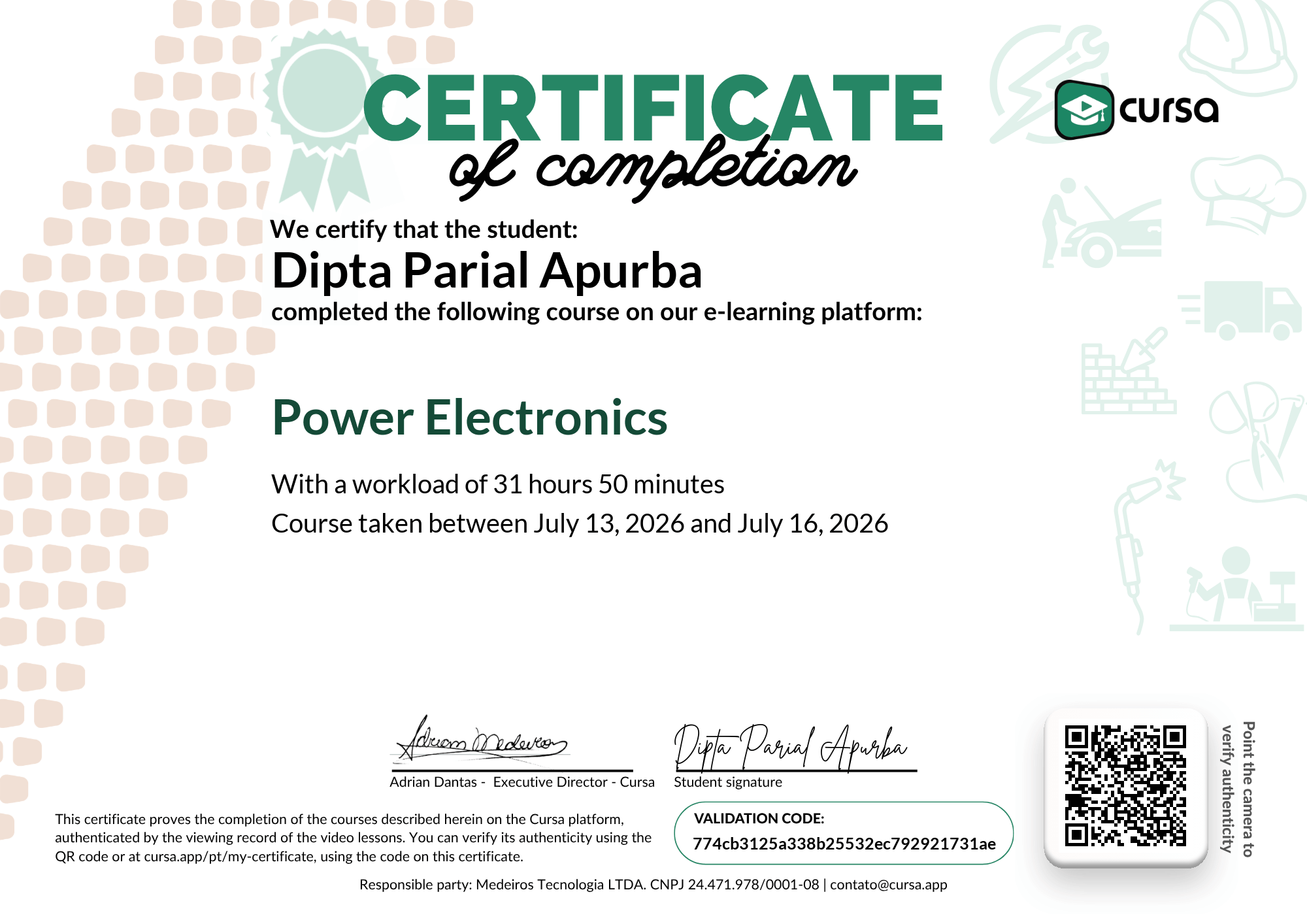 Image of my free Course Completion Certificate.