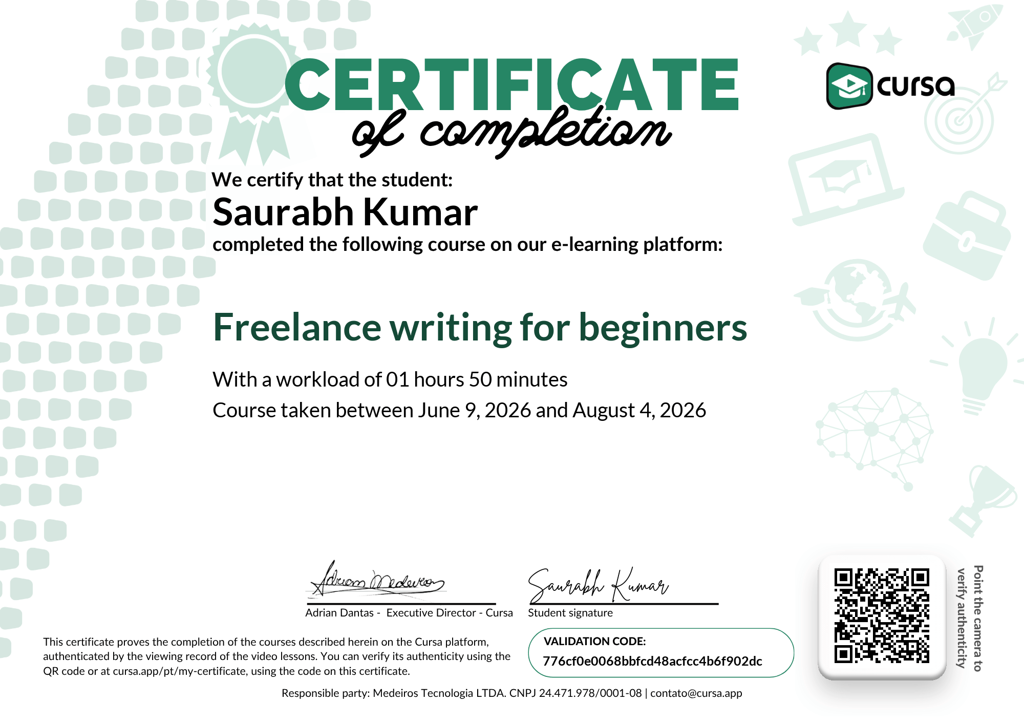 Image of my free Course Completion Certificate.
