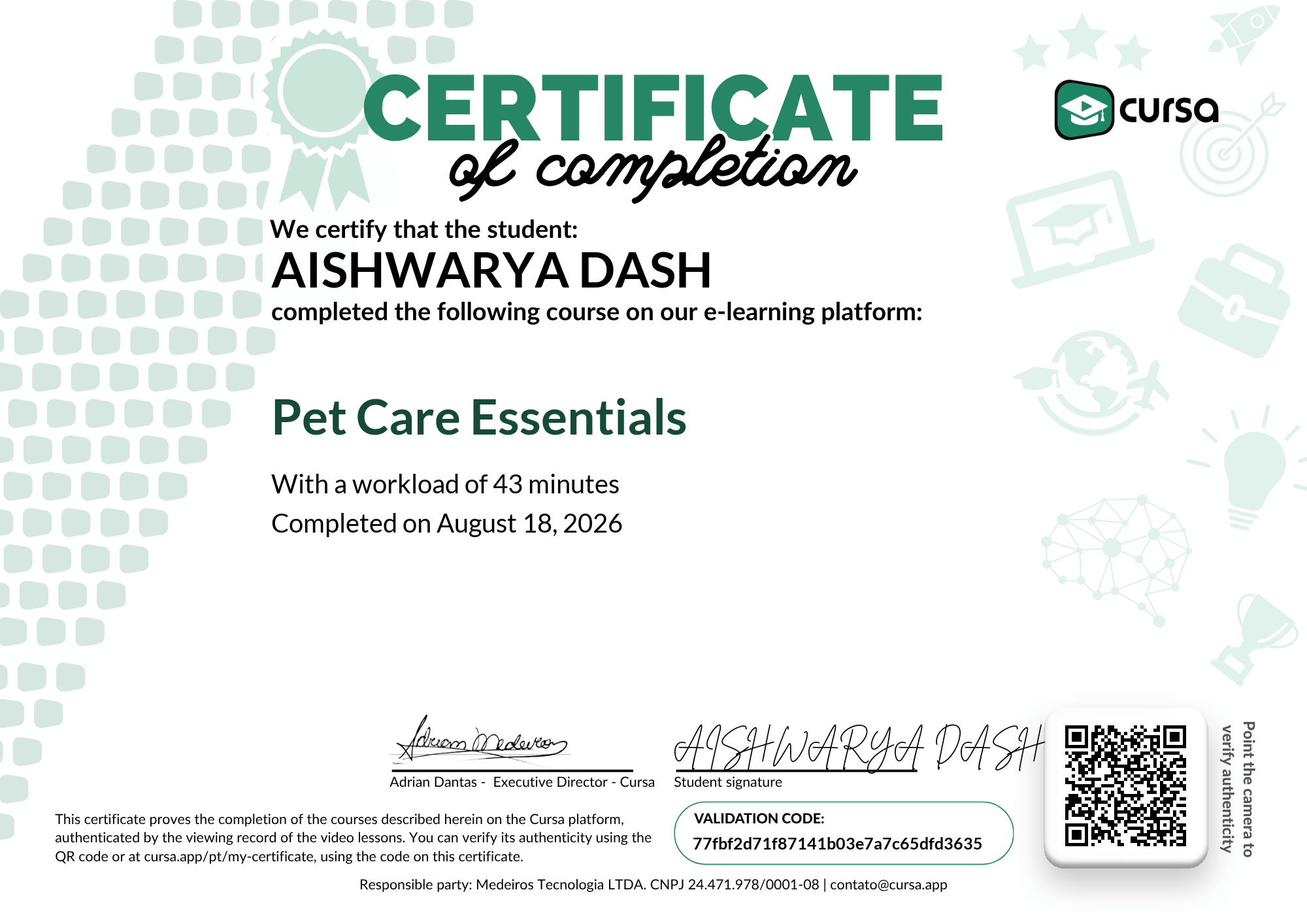 Image of my free Course Completion Certificate.