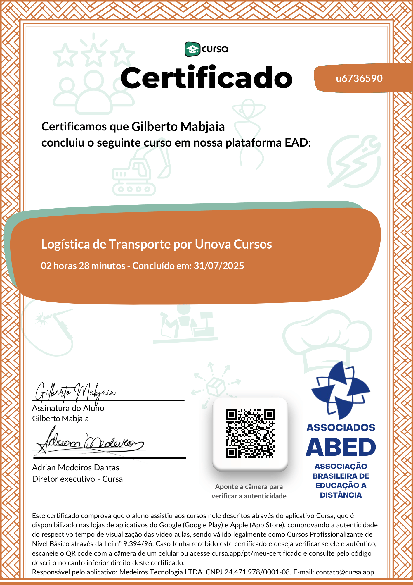 Imagem do meu Certificado gratuito de conclusão de curso.