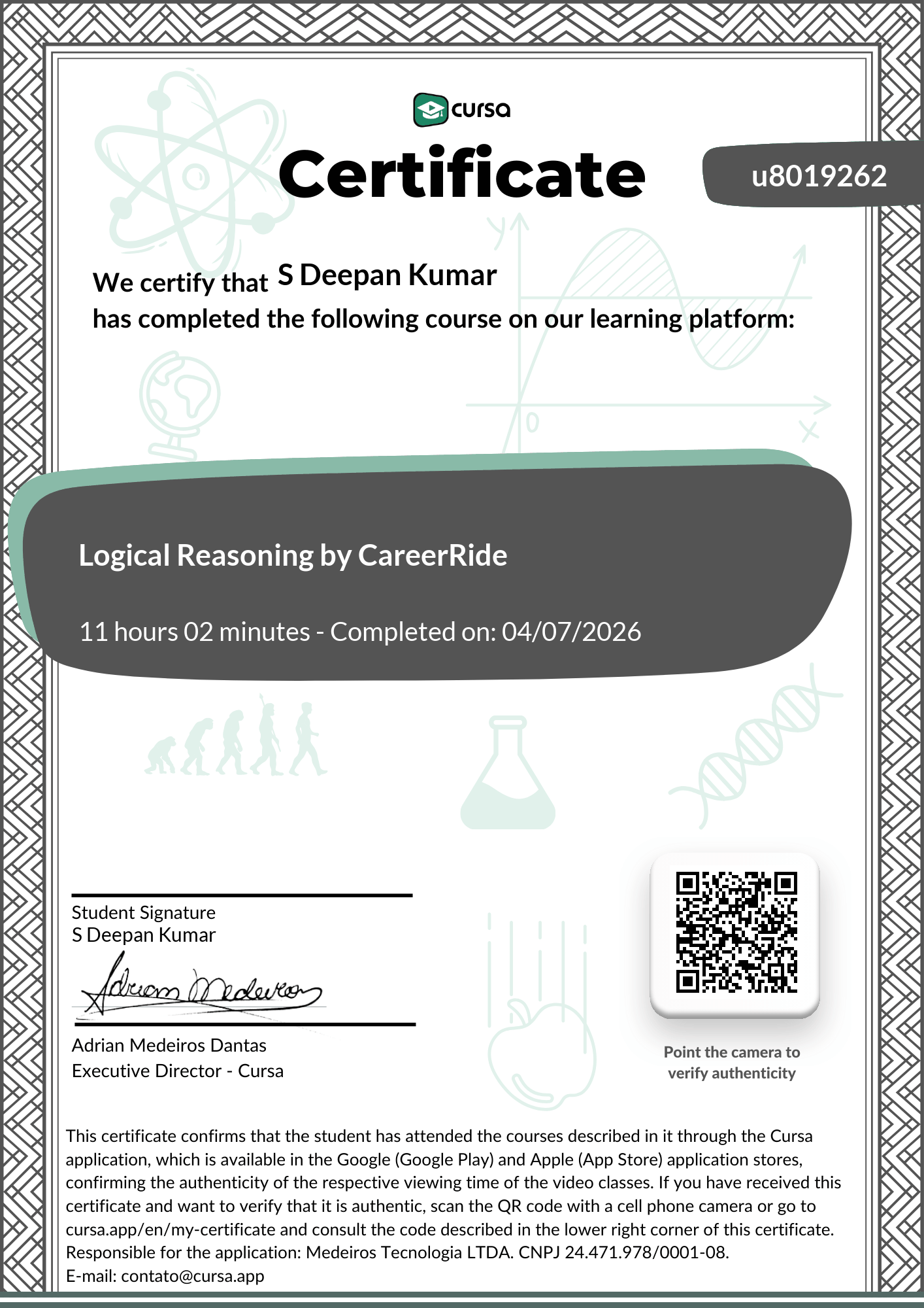 Image of my free Course Completion Certificate.