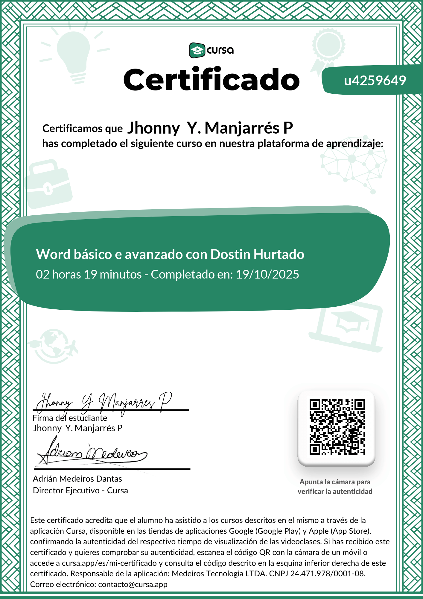 Imagen de mi Certificado de finalización del curso gratuito.
