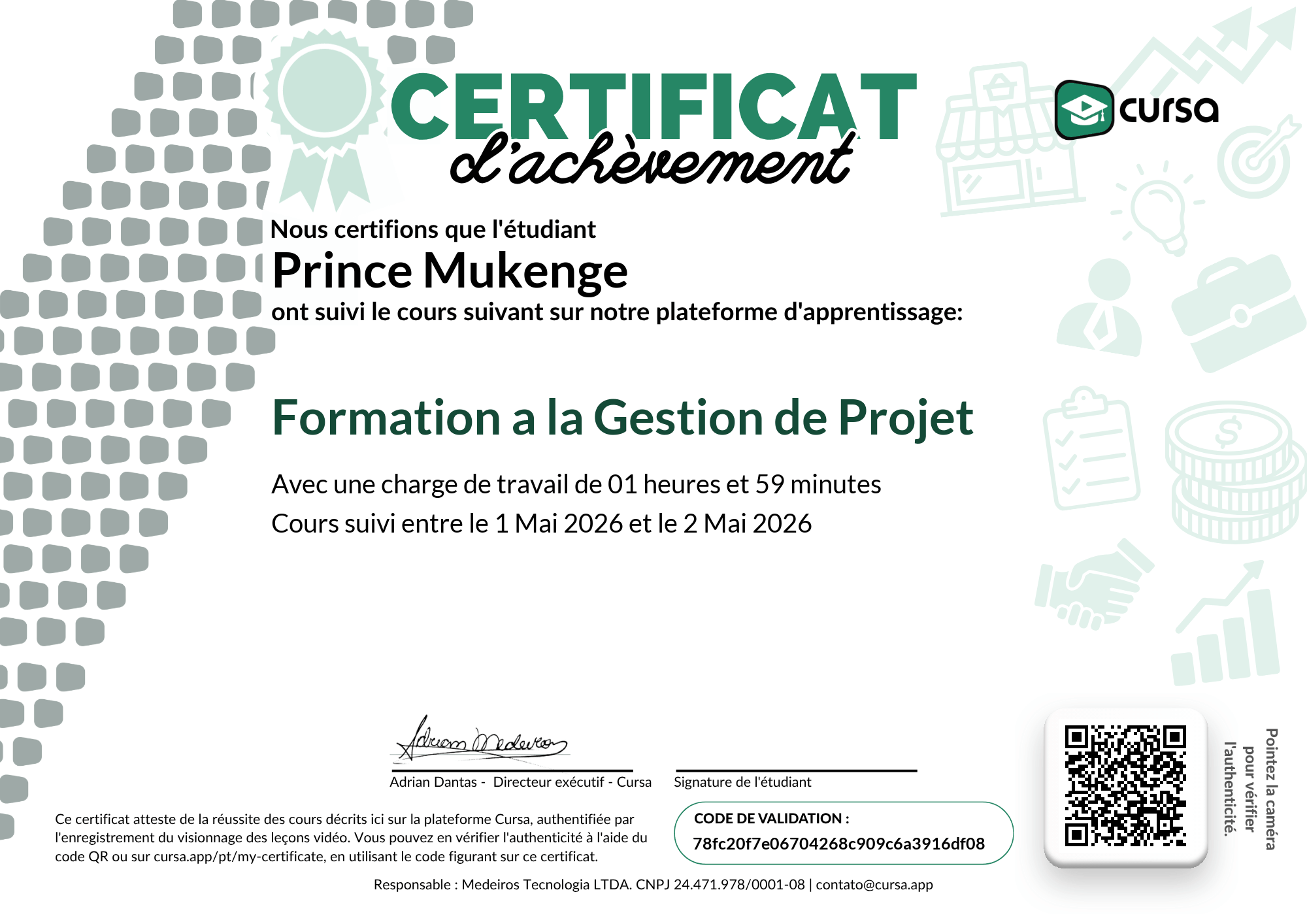 Image de mon certificat de fin de cours gratuit.