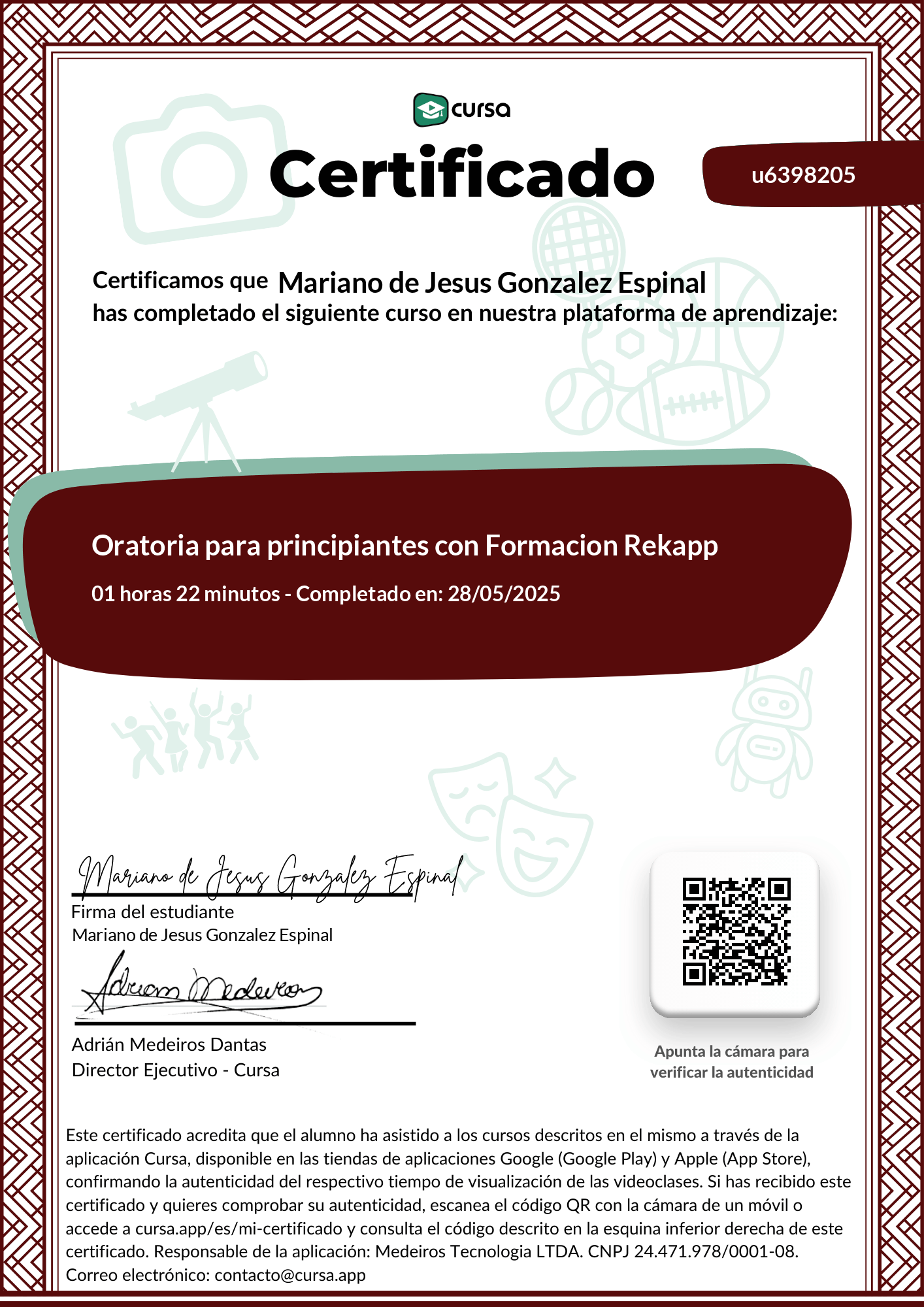 Imagen de mi Certificado de finalización del curso gratuito.