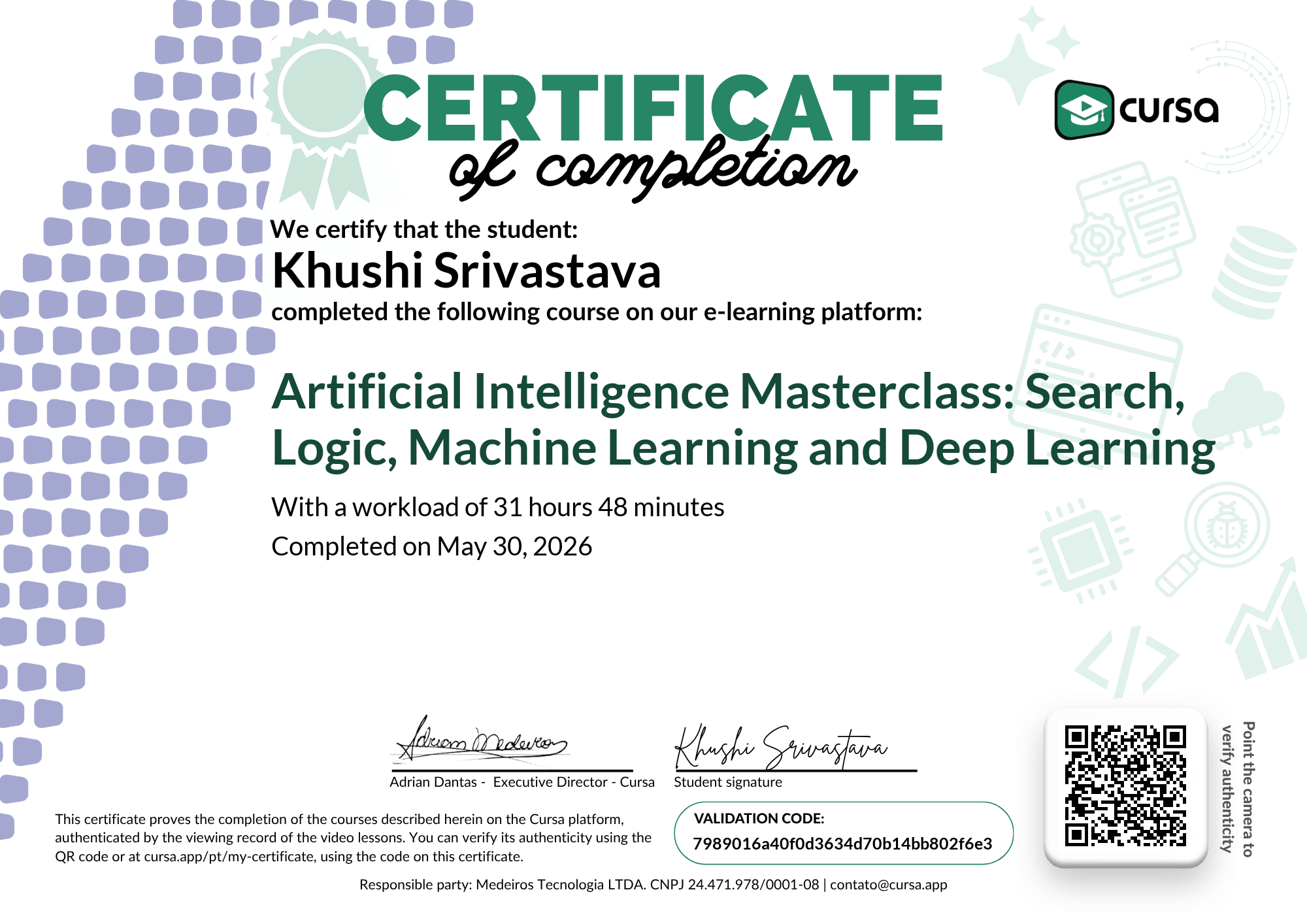 Image of my free Course Completion Certificate.