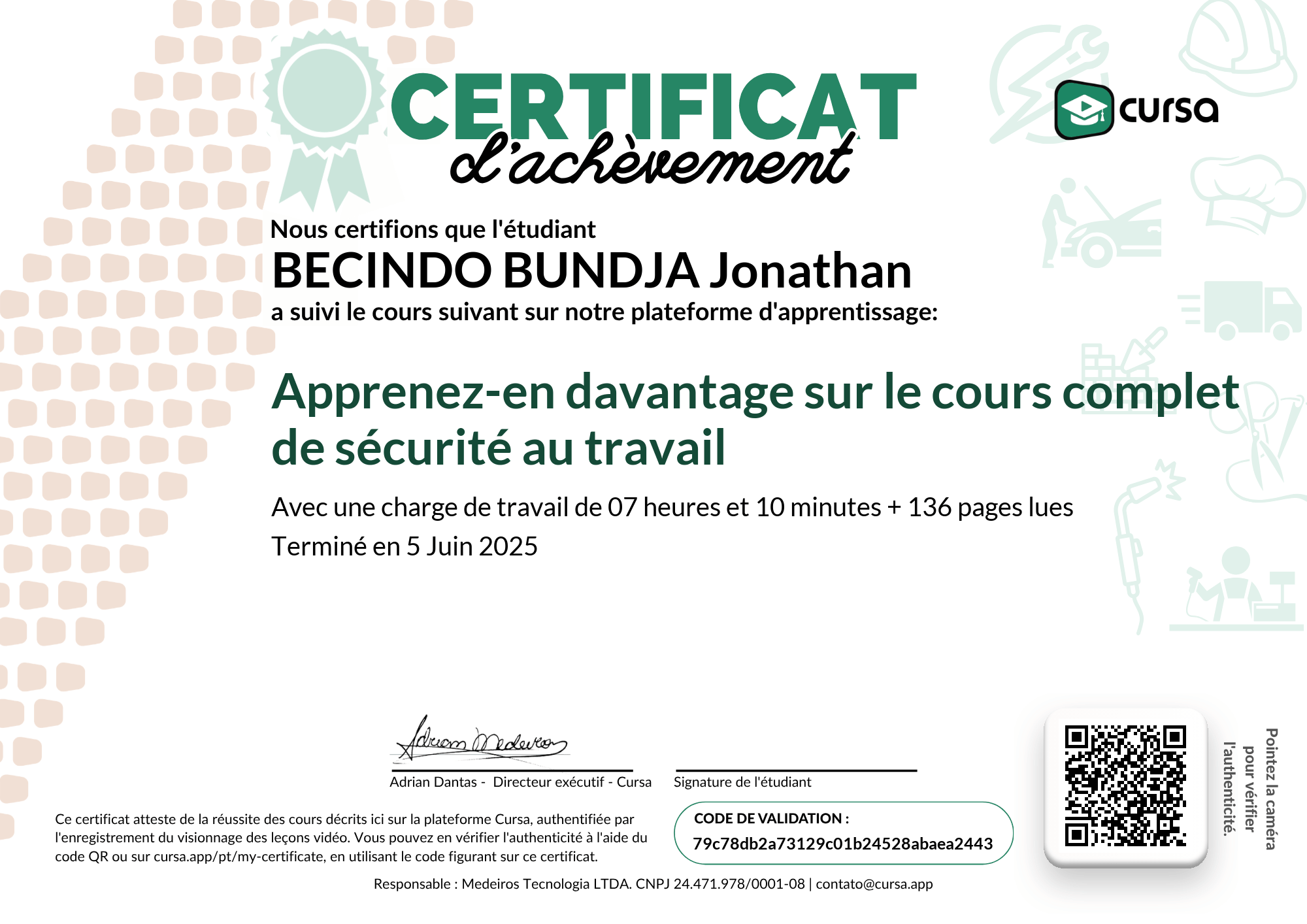 Image de mon certificat de fin de cours gratuit.