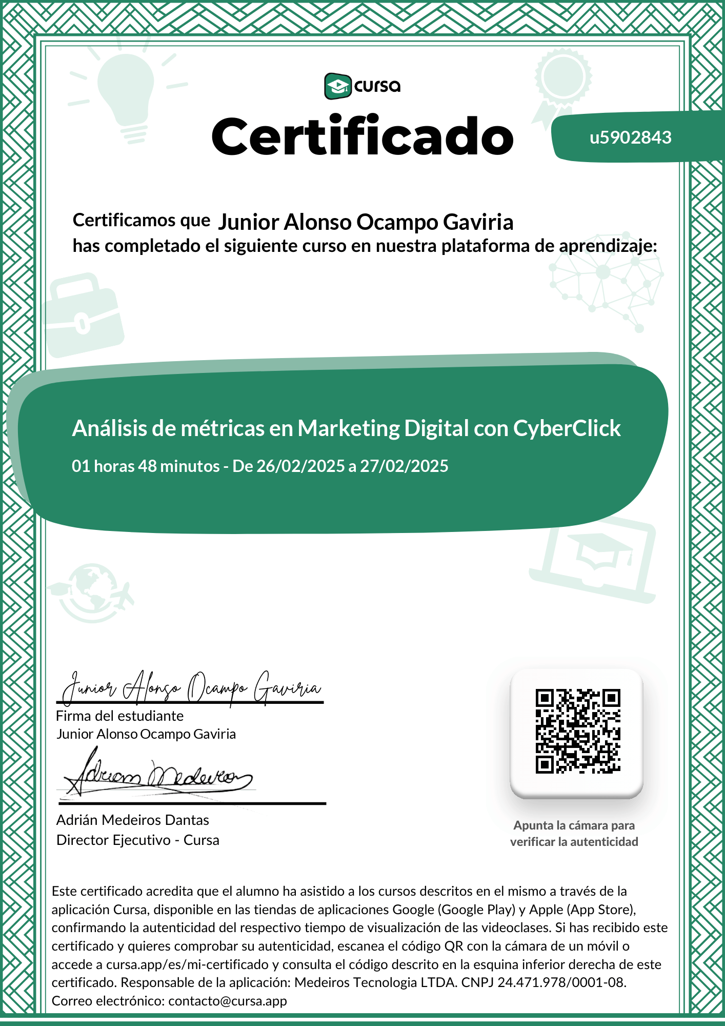 Imagen de mi Certificado de finalización del curso gratuito.