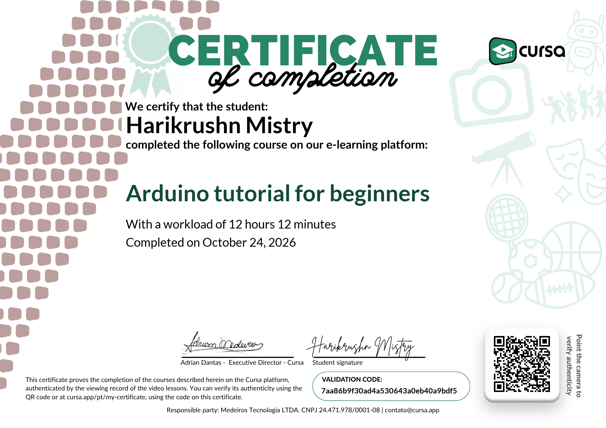 Image of my free Course Completion Certificate.