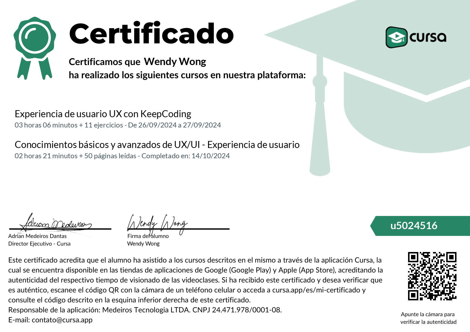 Imagen de mi Certificado de finalización del curso gratuito.